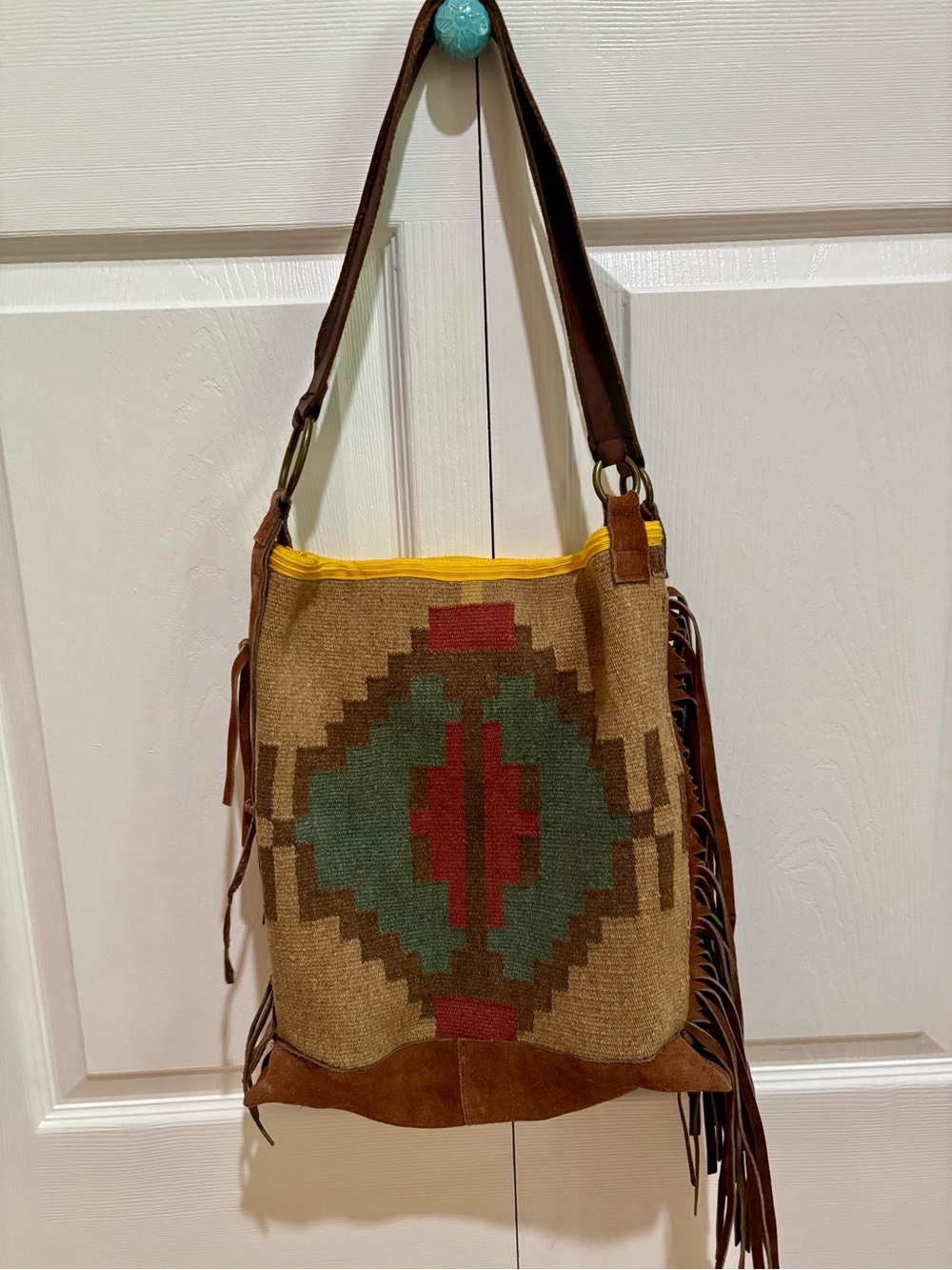 Vintage Southwestern Saddle Blanket Leather Fringe Tote Bag